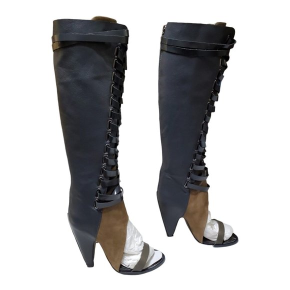 NEW Ivy Kirzhner Alps Open Toe Lace Up Knee High Boots Size 8.5 Gray Brown - Picture 1 of 13